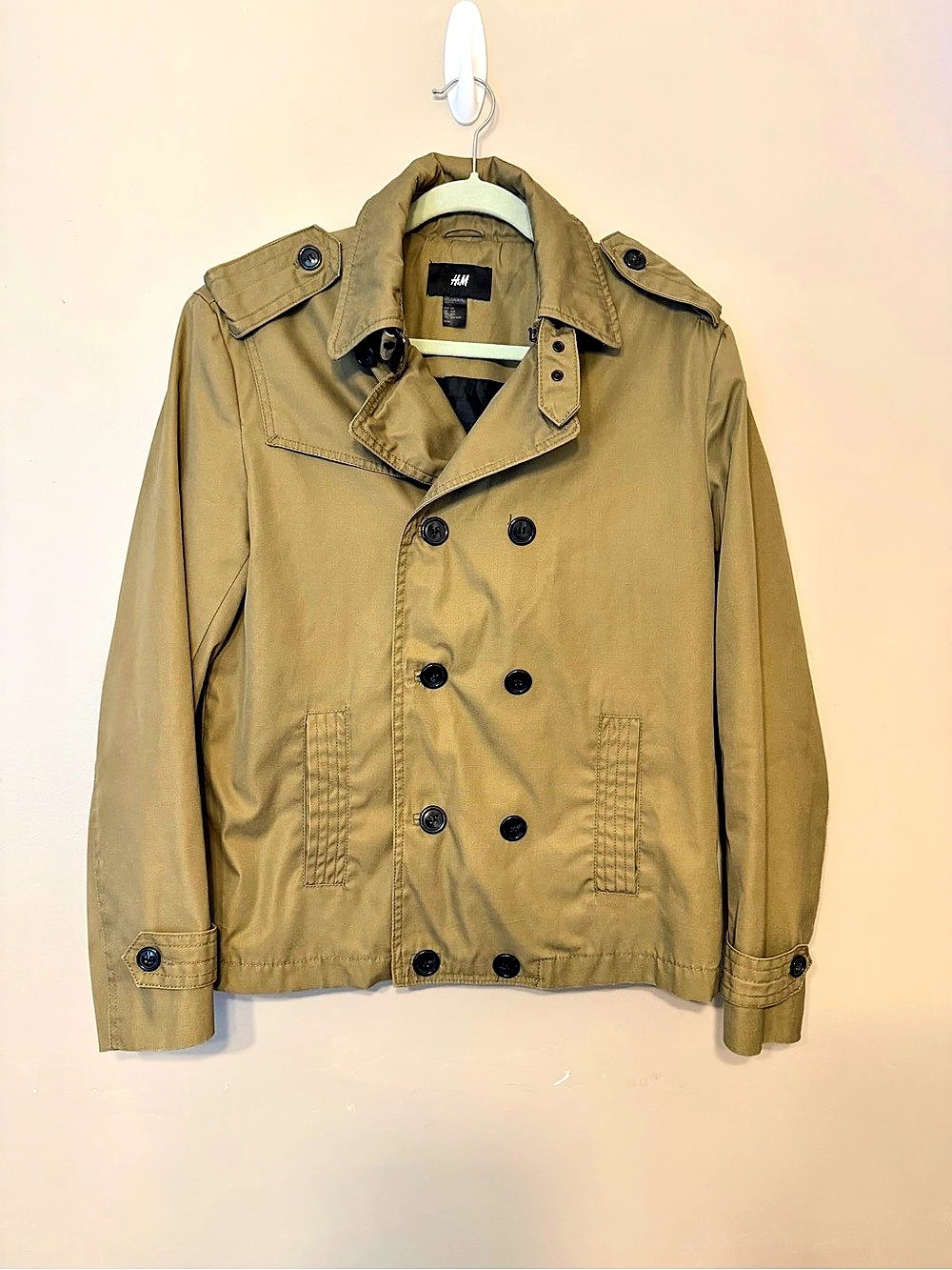 H&M Tan Khaki Double Breasted Short Trench Peacoat Jacket Epaulets 40R M/L